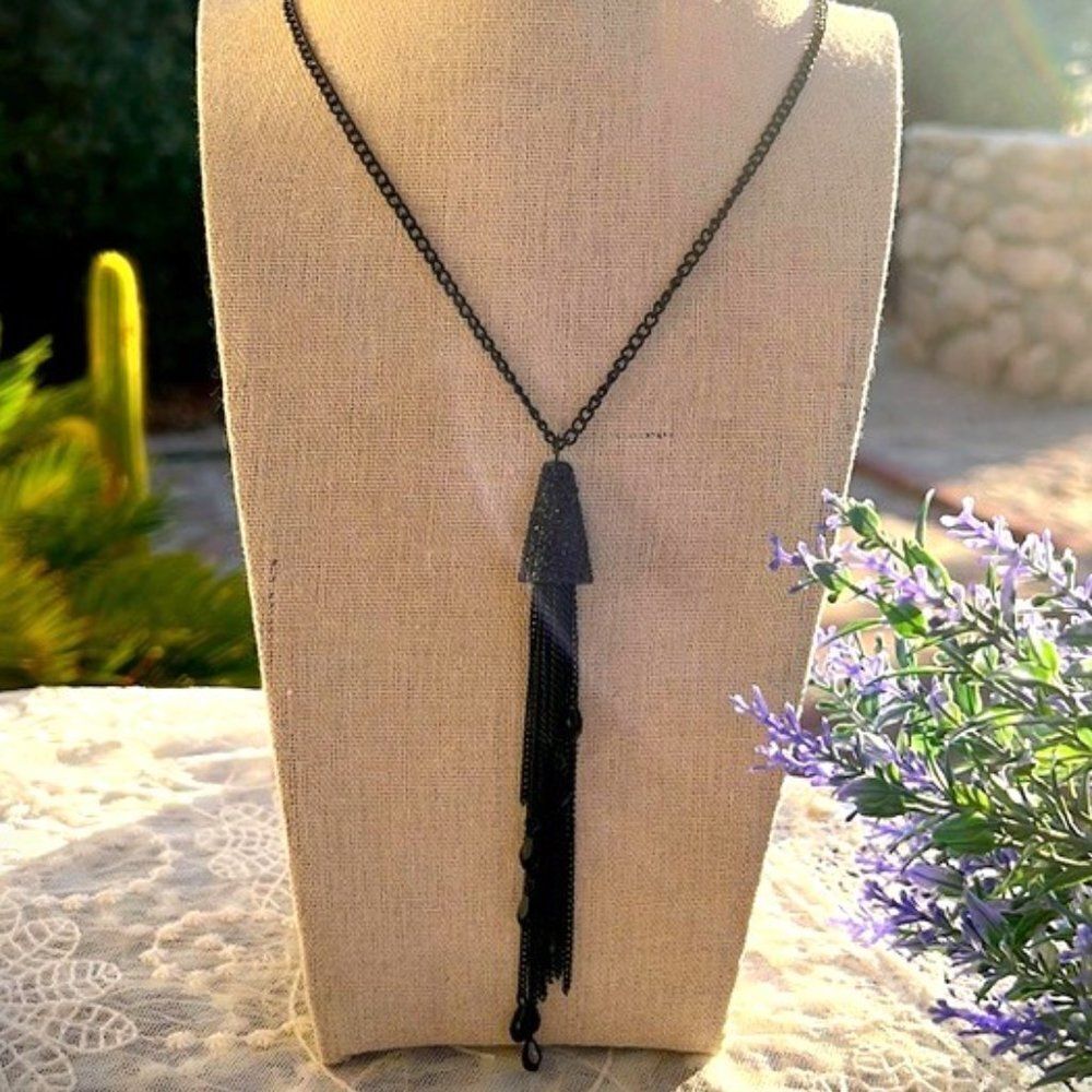 Vintage Long Black Rhinestone Tassel Necklace 34” to 38”